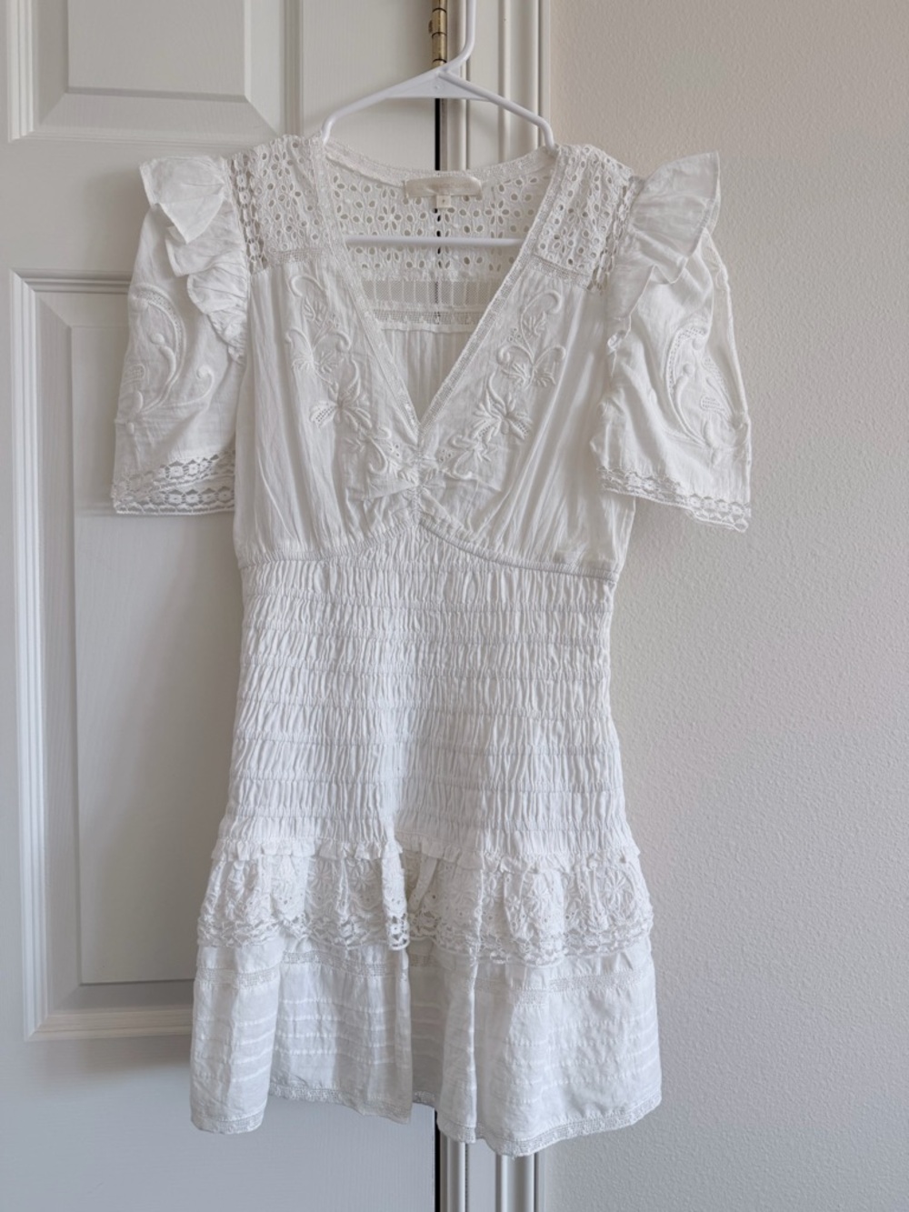 LoveShackFancy White Embroidered Ruffle Mini Dress